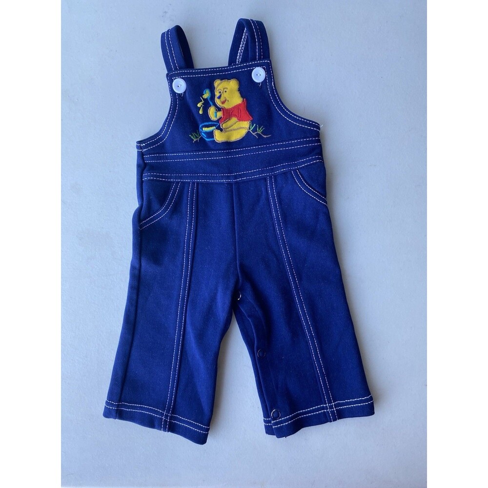 Vintage 1970s Les Kids Newborn Blue Winnie Pooh Honey Pot Overalls Romper Taiwan
